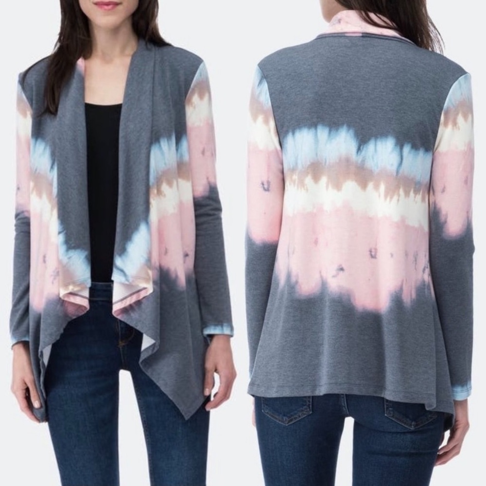BOBEAU Amie French Terry Draped Open-Front Shawl Collar Tie Dye Cardigan